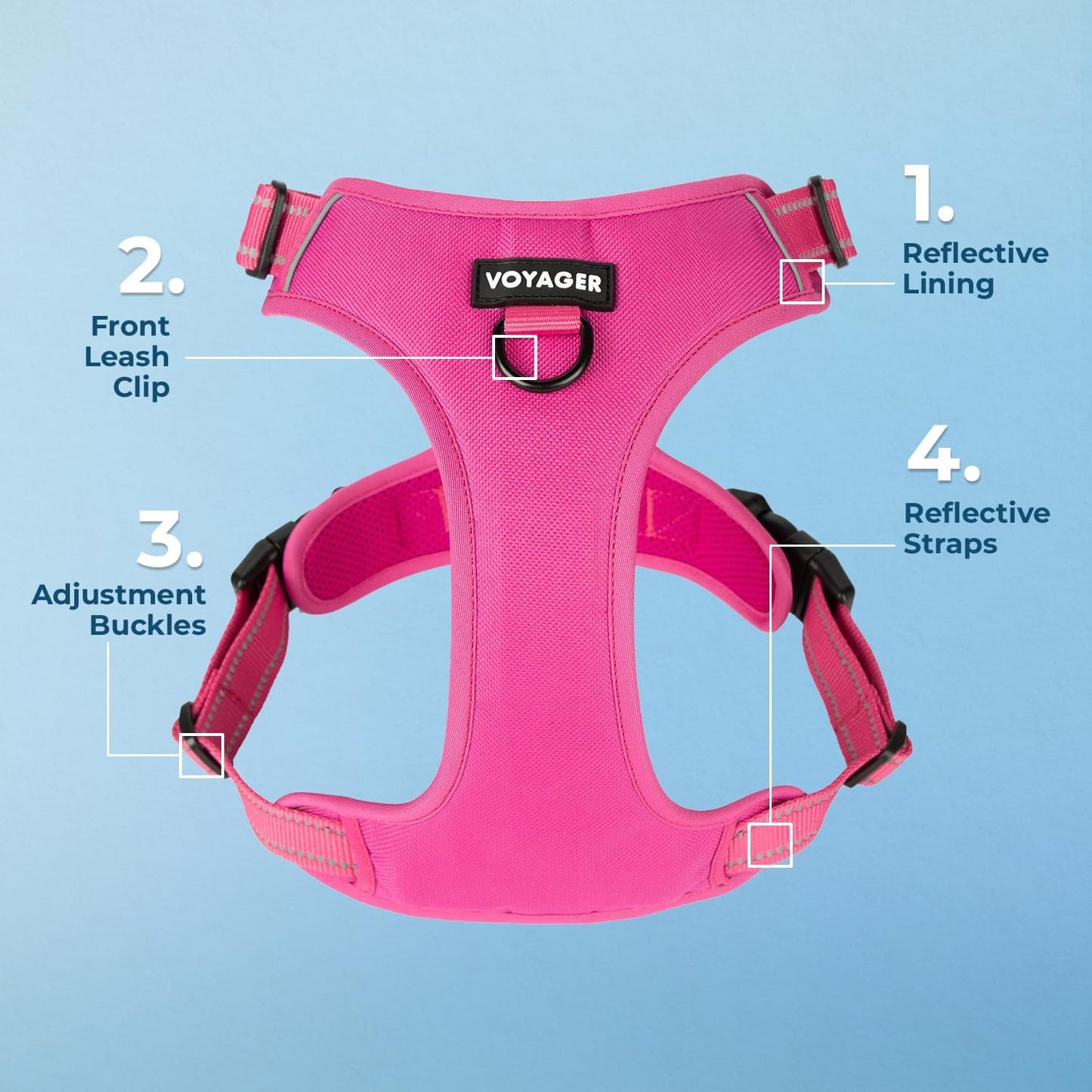 Voyager Dog Harness Dual Leash Attachment No-Pull Control Adjustable Soft but Strong Pet Harness for Medium and Large Dogs with 3M Reflective Technology, Fuchsia Nylon, M (Chest: 20-25")