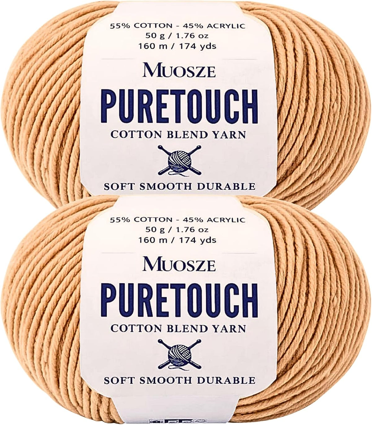 PureTouch Cotton Blend Yarn, Soft & Durable Crochet Yarn for Knitting & Amigurumi, 174 Yards, 50g, 55% Cotton 45% Acrylic (Peach Beige, 2 SKEINS)