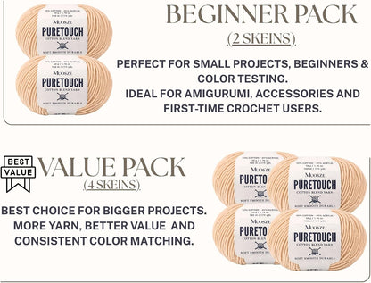 PureTouch Cotton Blend Yarn, Soft & Durable Crochet Yarn for Knitting & Amigurumi, 174 Yards, 50g, 55% Cotton 45% Acrylic (Peach Beige, 2 SKEINS)