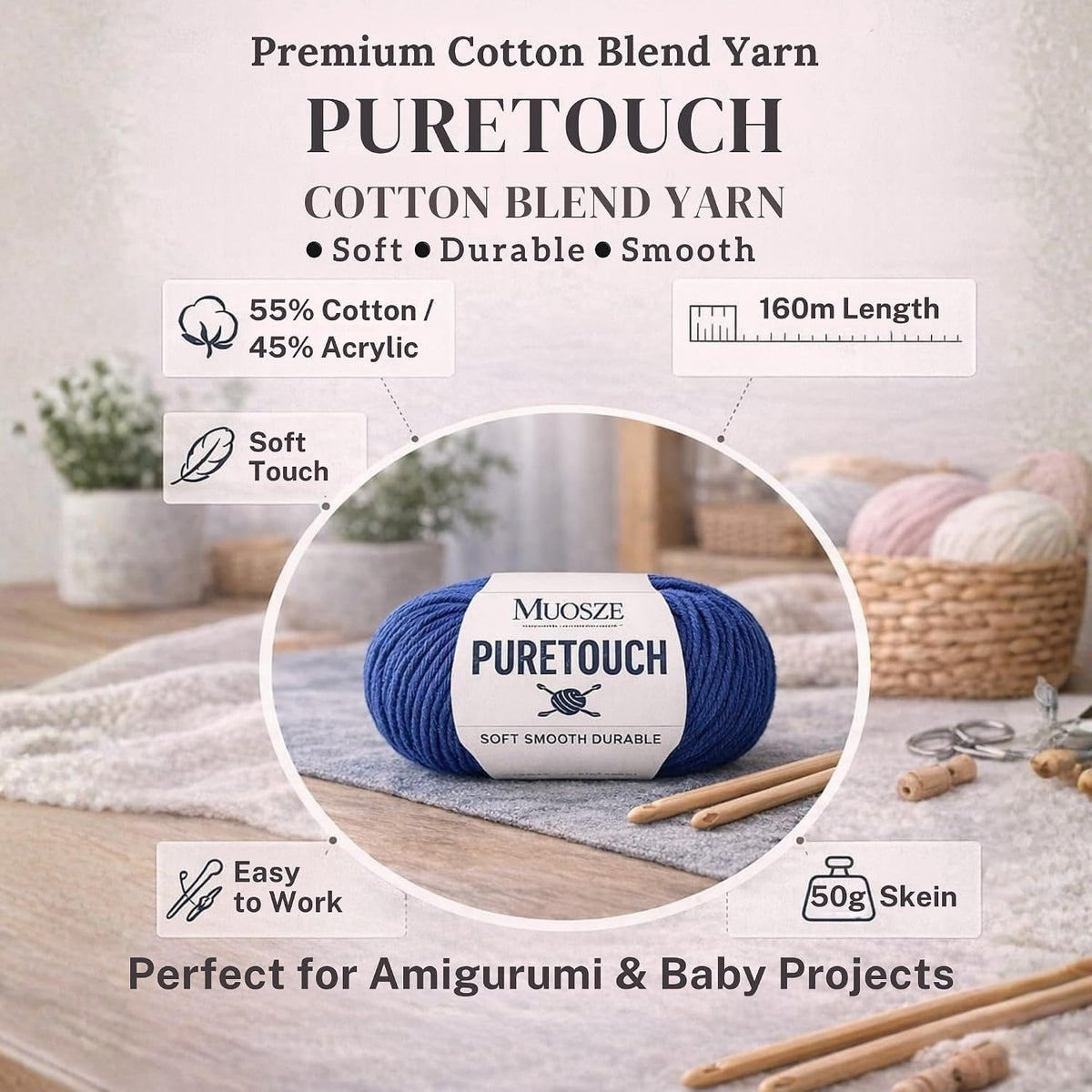 PureTouch Cotton Blend Yarn, Soft & Durable Crochet Yarn for Knitting & Amigurumi, 174 Yards, 50g, 55% Cotton 45% Acrylic (Peach Beige, 2 SKEINS)