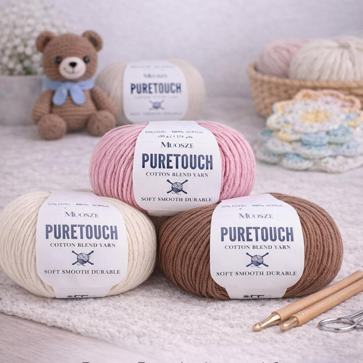 PureTouch Cotton Blend Yarn, Soft & Durable Crochet Yarn for Knitting & Amigurumi, 174 Yards, 50g, 55% Cotton 45% Acrylic (Peach Beige, 2 SKEINS)