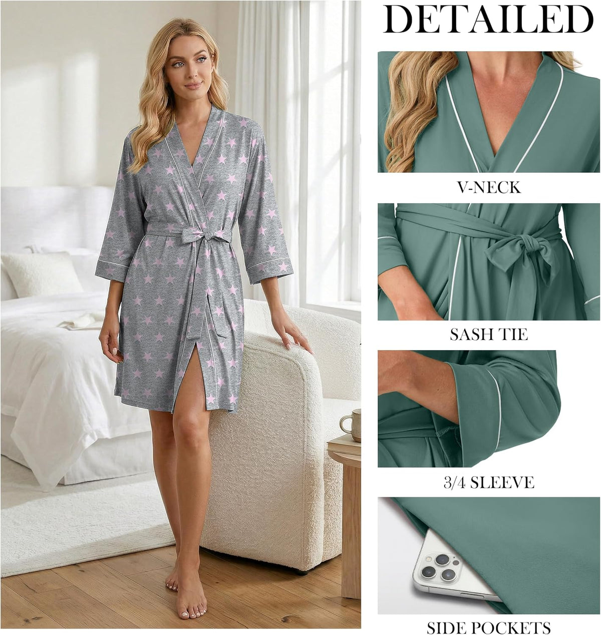 Womens Robe Knee Length Soft Knit Bathrobe S-2XL