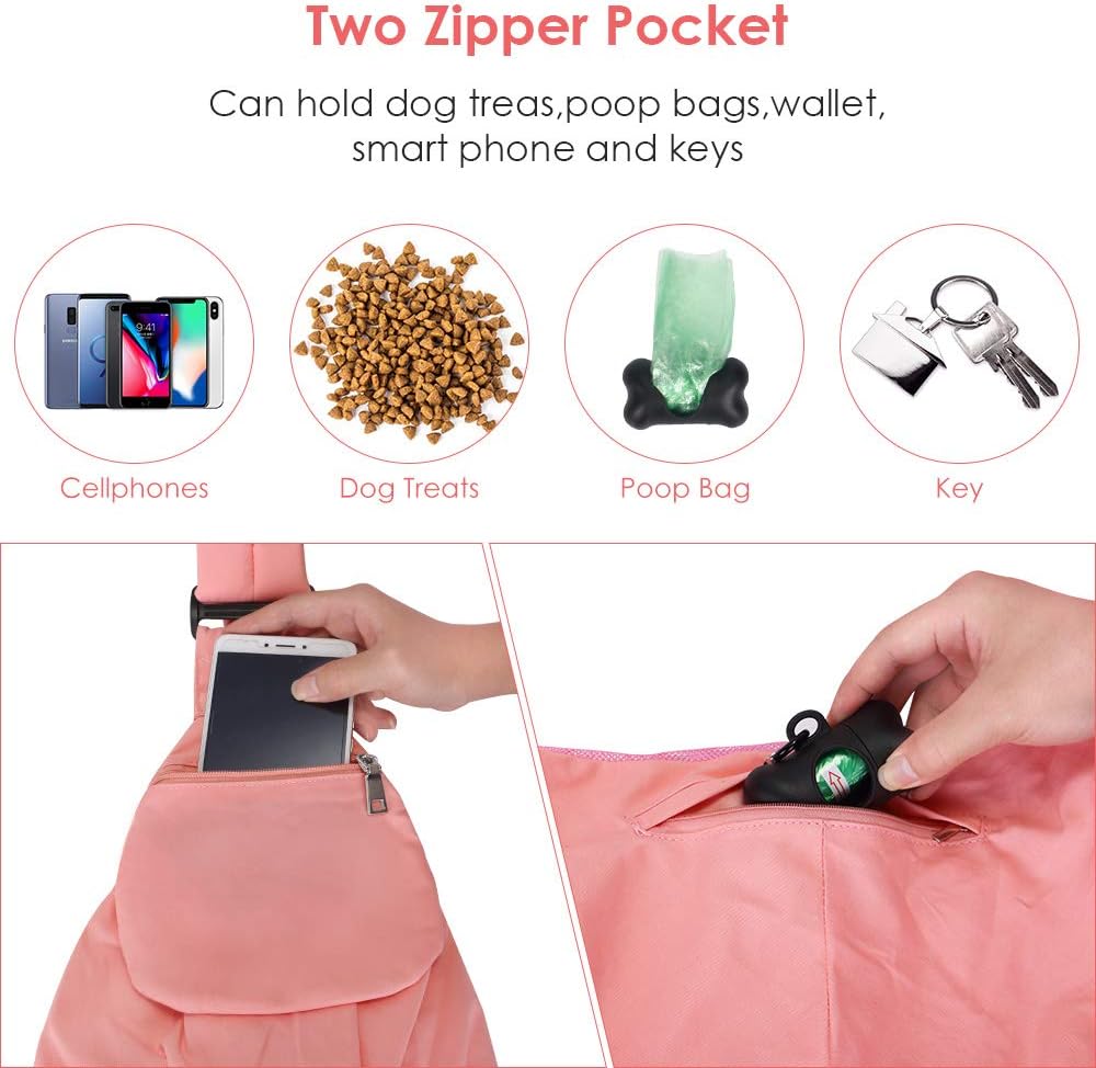 Lukovee Dog Sling Carrier, Hard Bottom Support & Adjustable Soft Padded Shoudler Strap Dog Slings for Small Dogs, Dog Purse with Drawstring Mesh Opening & Zipper Pockets for Puppy Cat Pet (Pink)