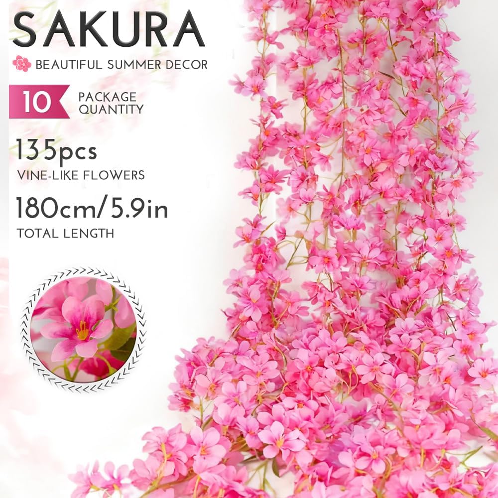 10PCS 59FT Artificial Silk Cherry Blossom Garland, Hanging Sakura Flower Vines for Wedding Party Home Arch Office Sakura Decor (Deep Pink)