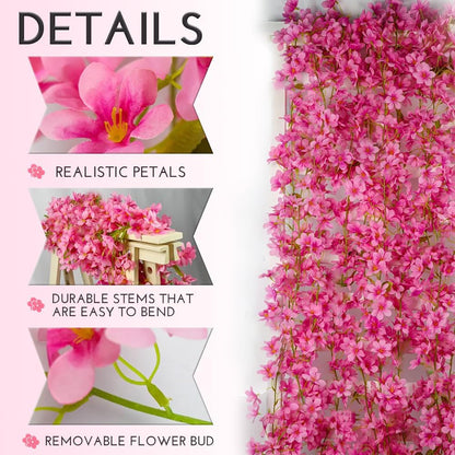 10PCS 59FT Artificial Silk Cherry Blossom Garland, Hanging Sakura Flower Vines for Wedding Party Home Arch Office Sakura Decor (Deep Pink)