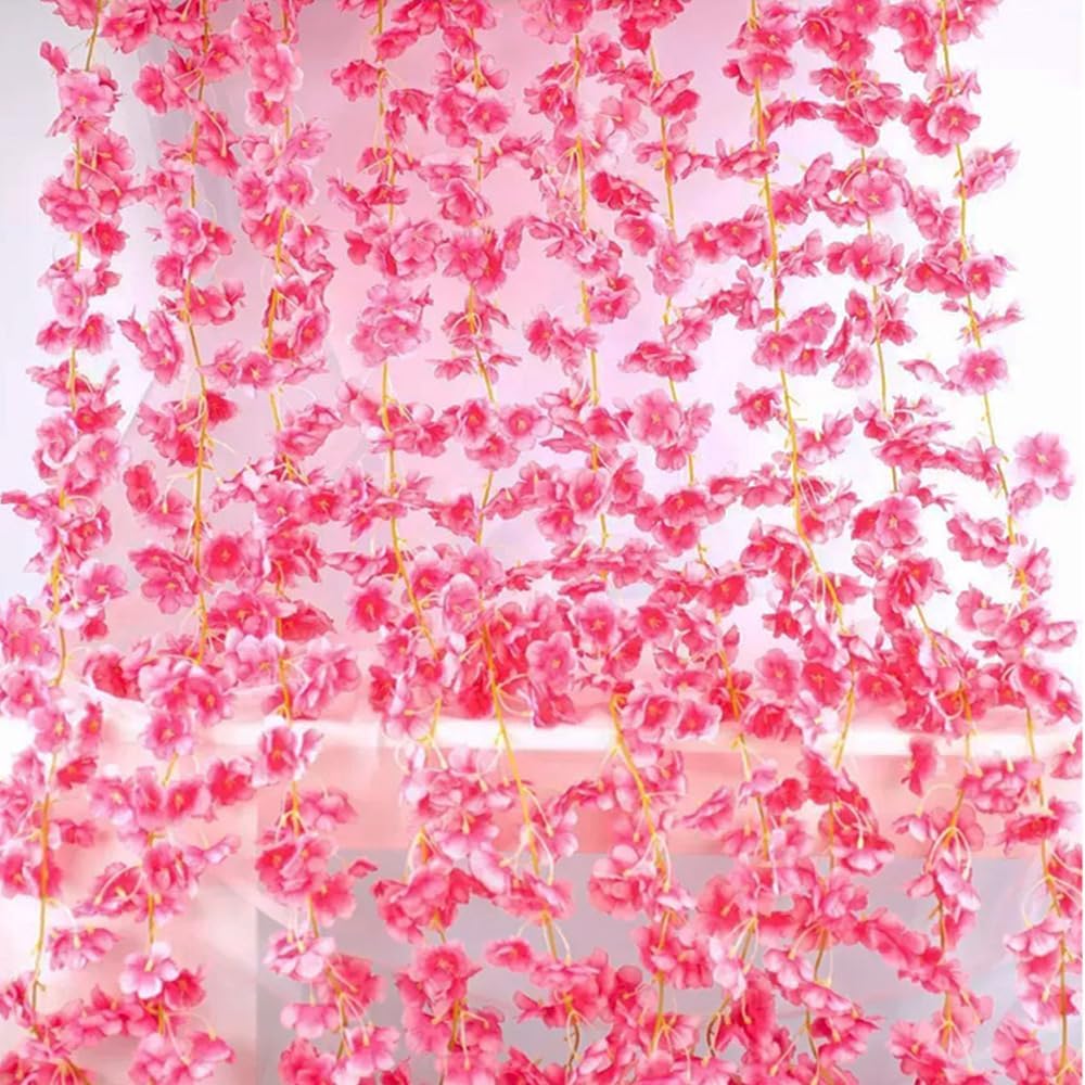 10PCS 59FT Artificial Silk Cherry Blossom Garland, Hanging Sakura Flower Vines for Wedding Party Home Arch Office Sakura Decor (Deep Pink)