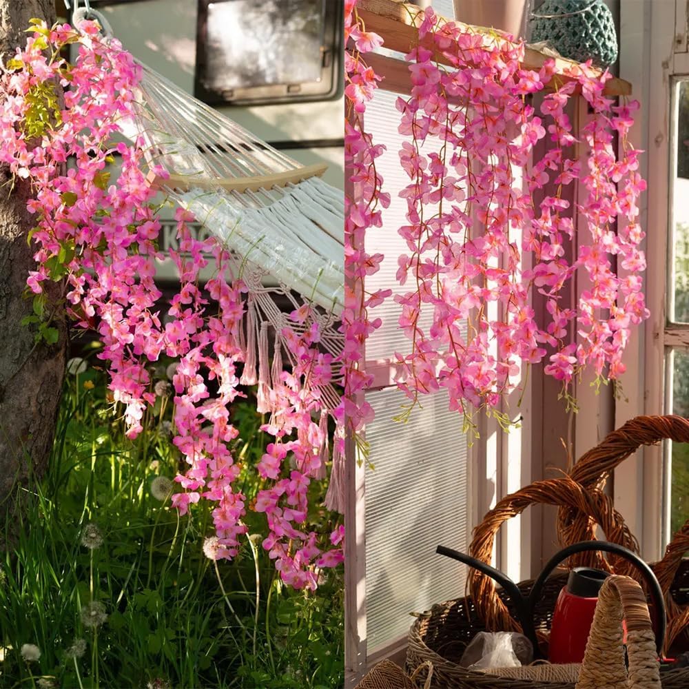 10PCS 59FT Artificial Silk Cherry Blossom Garland, Hanging Sakura Flower Vines for Wedding Party Home Arch Office Sakura Decor (Deep Pink)