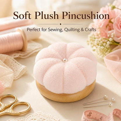Pin Cushion for Sewing, Wooden Base Sewing Pincushion with 100 Plastic Head Pins, Cute Pins Holder for Sewing Quilting (Light Pink)