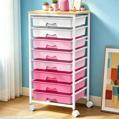 Rolling Cart With 8 Drawers, Storage Drawer Cart for Craft Art,Pink