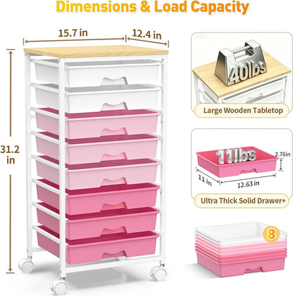 Rolling Cart With 8 Drawers, Storage Drawer Cart for Craft Art,Pink