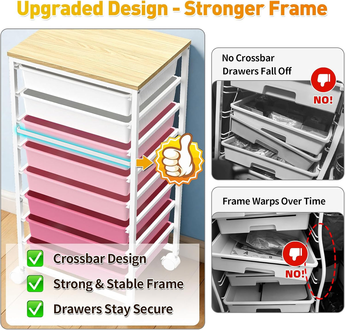 Rolling Cart With 8 Drawers, Storage Drawer Cart for Craft Art,Pink