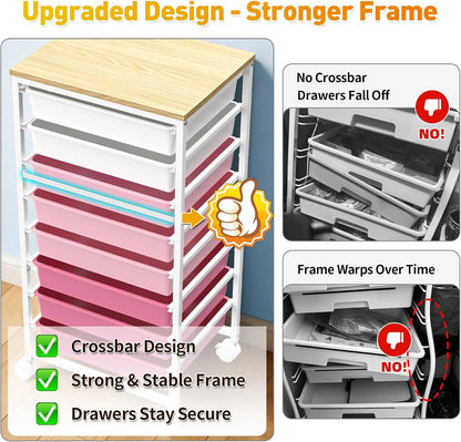 Rolling Cart With 8 Drawers, Storage Drawer Cart for Craft Art,Pink