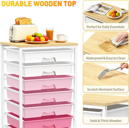 Rolling Cart With 8 Drawers, Storage Drawer Cart for Craft Art,Pink