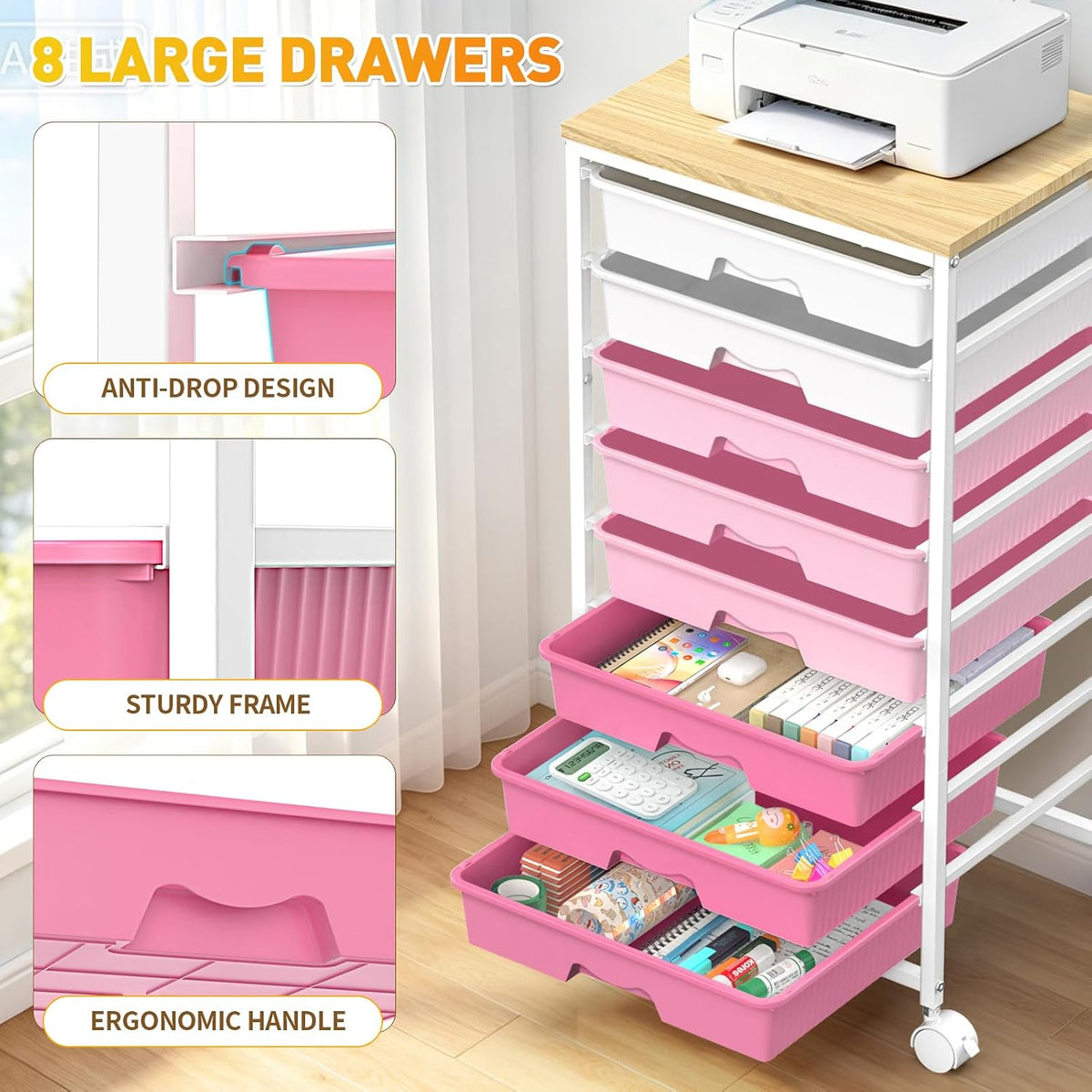 Rolling Cart With 8 Drawers, Storage Drawer Cart for Craft Art,Pink