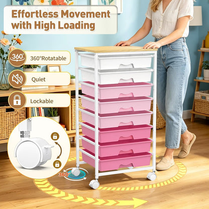 Rolling Cart With 8 Drawers, Storage Drawer Cart for Craft Art,Pink