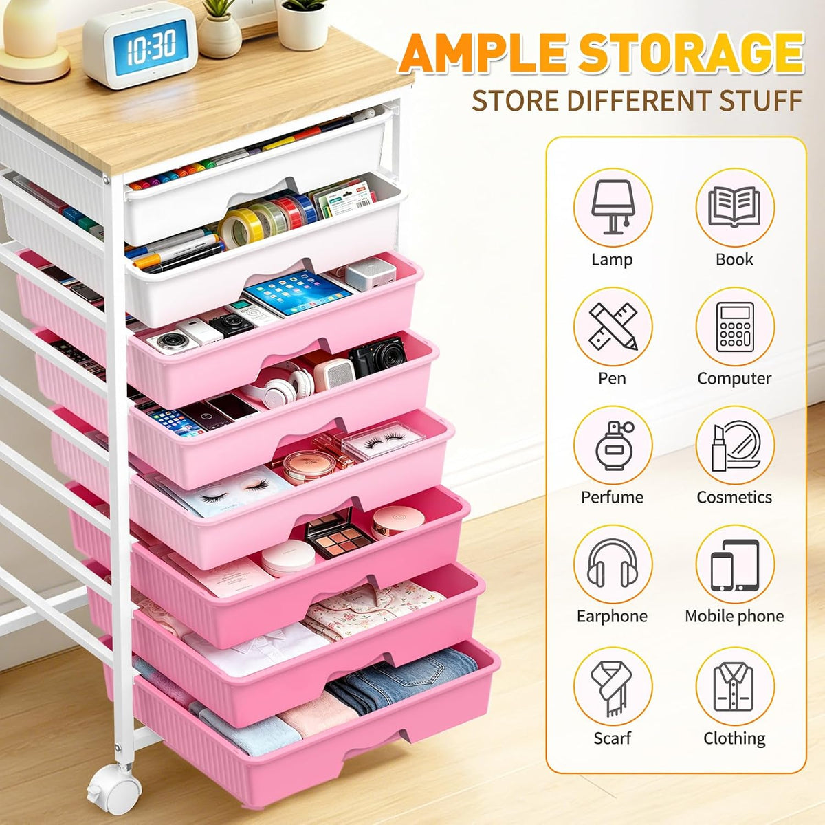 Rolling Cart With 8 Drawers, Storage Drawer Cart for Craft Art,Pink
