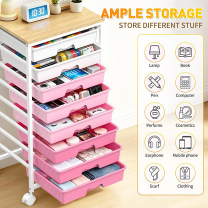 Rolling Cart With 8 Drawers, Storage Drawer Cart for Craft Art,Pink