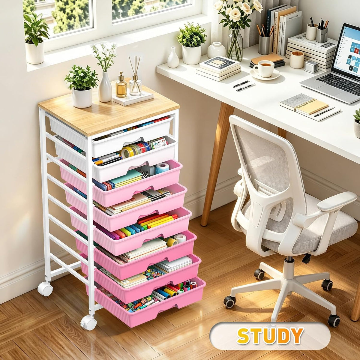 Rolling Cart With 8 Drawers, Storage Drawer Cart for Craft Art,Pink