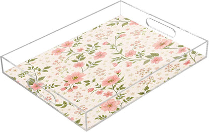 Pink Flowers Serving Tray 12" x 16" Acrylic Trays with Handles Decorative Serving Platter for Coffee, Breakfast in Bed, Dinner, Appetizers, Patio, Party