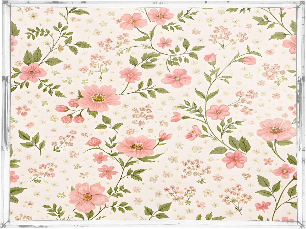 Pink Flowers Serving Tray 12" x 16" Acrylic Trays with Handles Decorative Serving Platter for Coffee, Breakfast in Bed, Dinner, Appetizers, Patio, Party