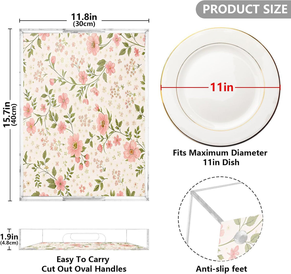 Pink Flowers Serving Tray 12" x 16" Acrylic Trays with Handles Decorative Serving Platter for Coffee, Breakfast in Bed, Dinner, Appetizers, Patio, Party