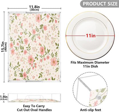 Pink Flowers Serving Tray 12" x 16" Acrylic Trays with Handles Decorative Serving Platter for Coffee, Breakfast in Bed, Dinner, Appetizers, Patio, Party