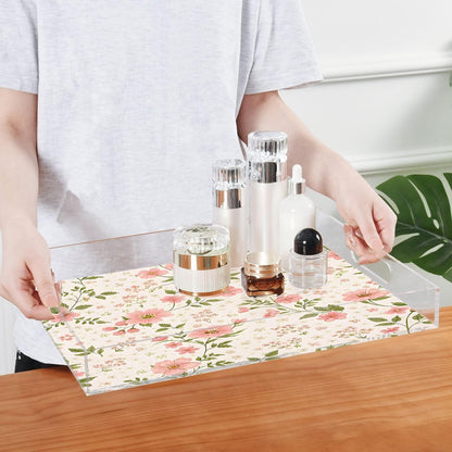 Pink Flowers Serving Tray 12" x 16" Acrylic Trays with Handles Decorative Serving Platter for Coffee, Breakfast in Bed, Dinner, Appetizers, Patio, Party