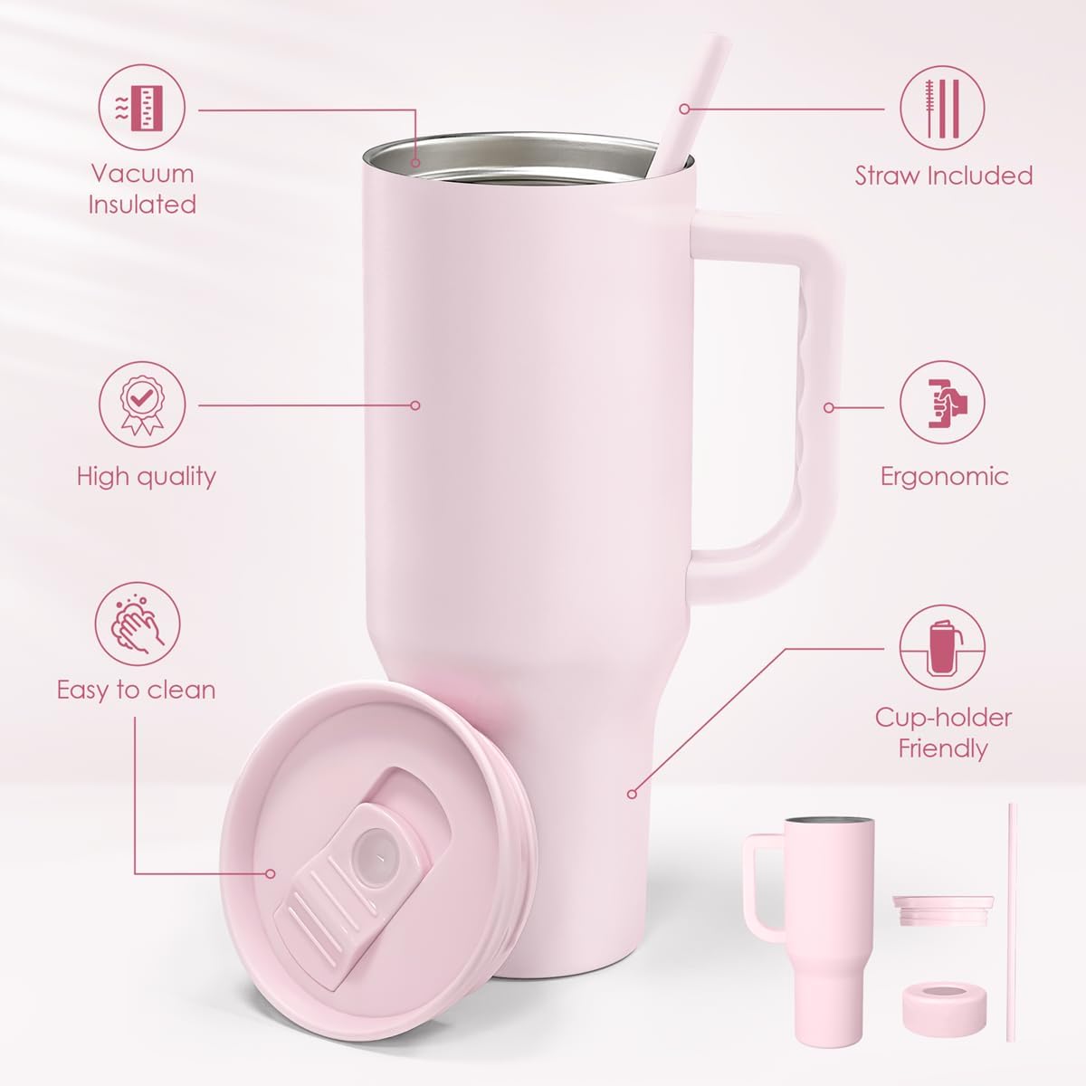 Light Pink 40oz Tumbler with Handle and Straw, Insulated Stainless Steel Travel Coffee Mug for Women Girls, Gift Idea for Birthday Christmas Mothers Day