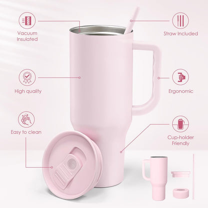 Light Pink 40oz Tumbler with Handle and Straw, Insulated Stainless Steel Travel Coffee Mug for Women Girls, Gift Idea for Birthday Christmas Mothers Day