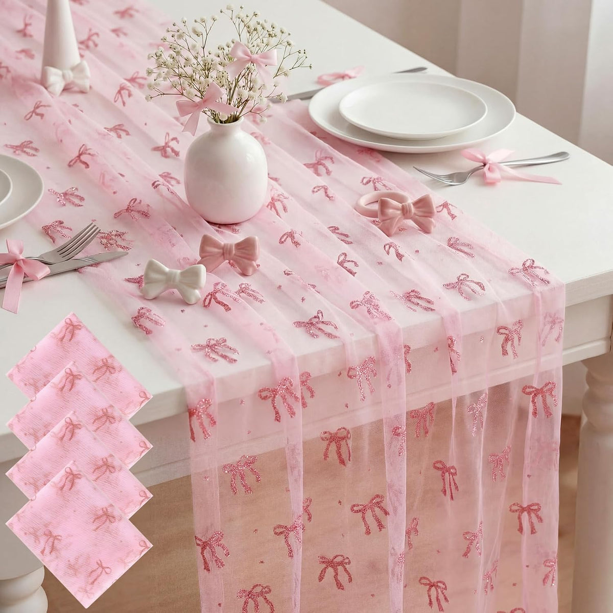 4 Pcs Pink Bow Table Runners 29 X 70 Inch Tulle Lace Party