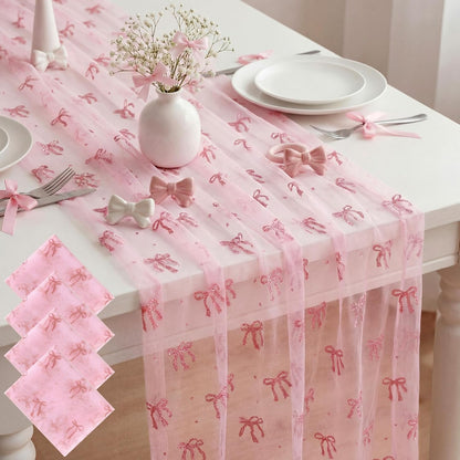 4 Pcs Pink Bow Table Runners 29 X 70 Inch Tulle Lace Party