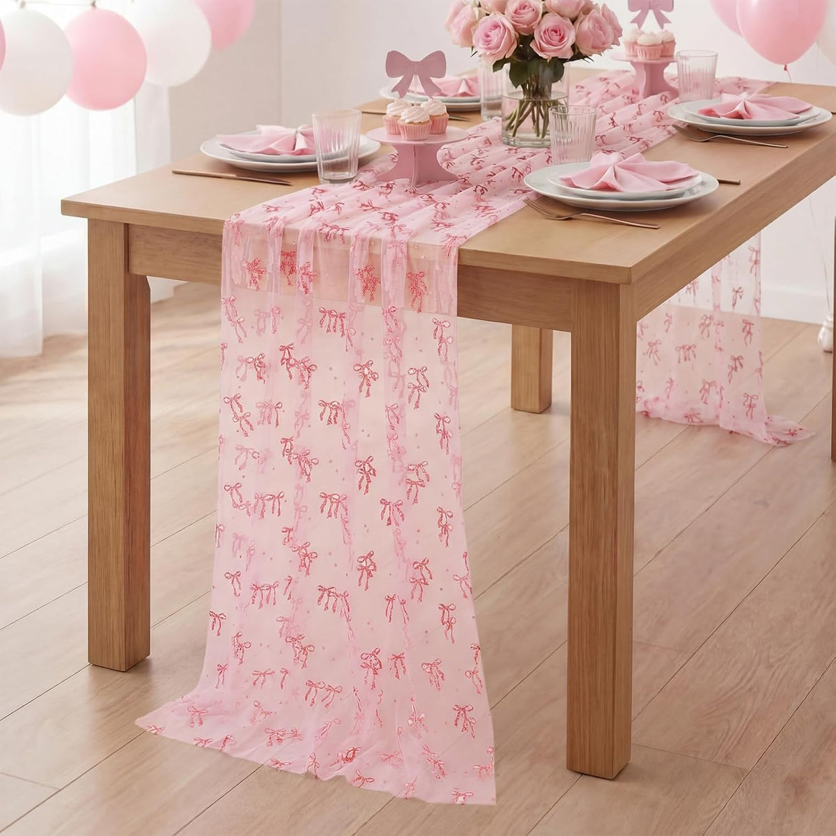4 Pcs Pink Bow Table Runners 29 X 70 Inch Tulle Lace Party