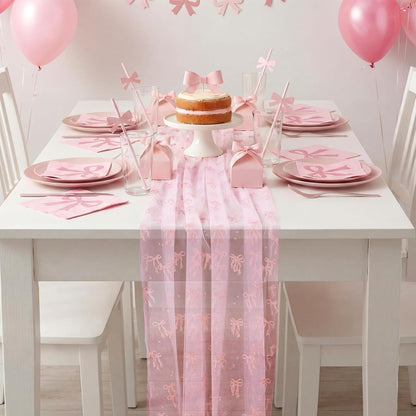 4 Pcs Pink Bow Table Runners 29 X 70 Inch Tulle Lace Party