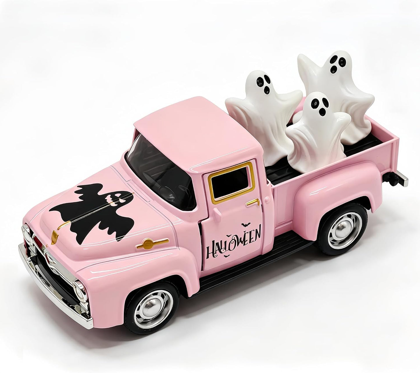 Pink Halloween Ghost Truck Decor with Spooky Cute Ghost Figurines