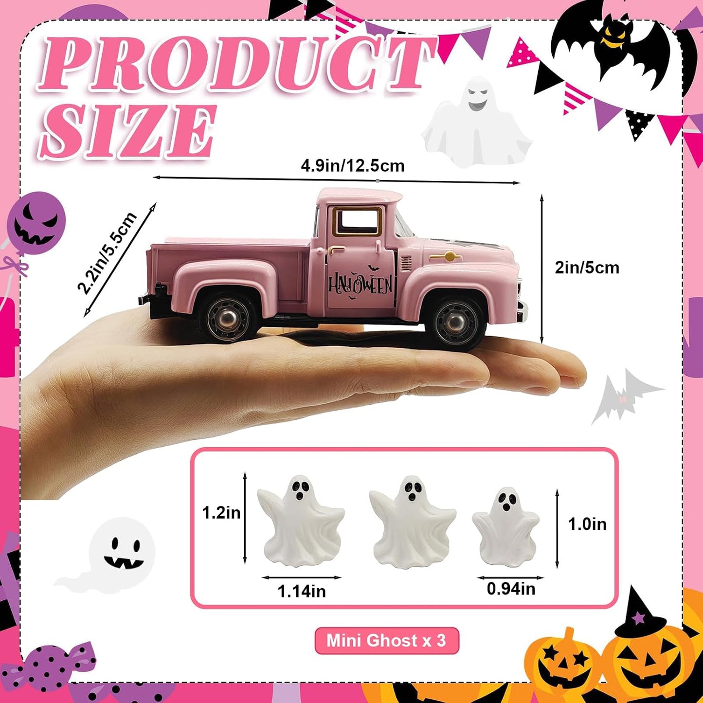 Pink Halloween Ghost Truck Decor with Spooky Cute Ghost Figurines