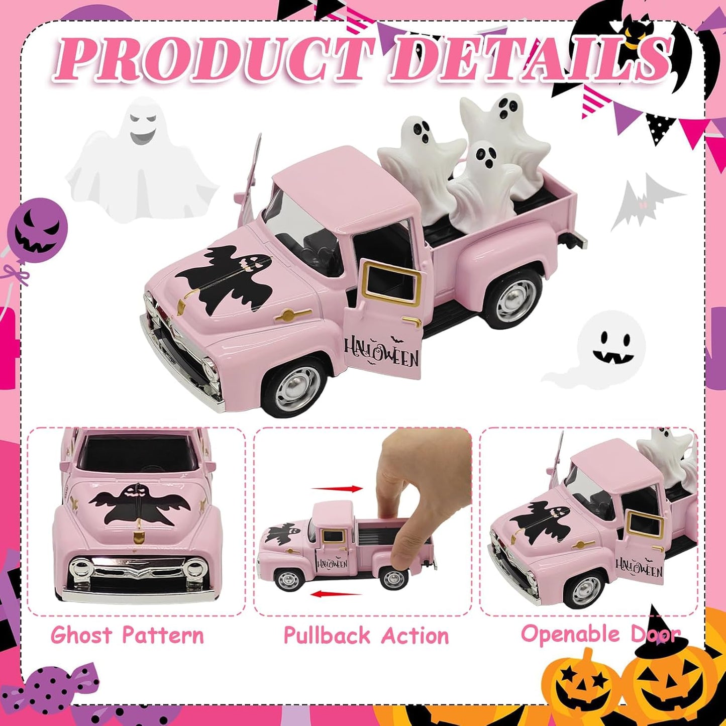 Pink Halloween Ghost Truck Decor with Spooky Cute Ghost Figurines