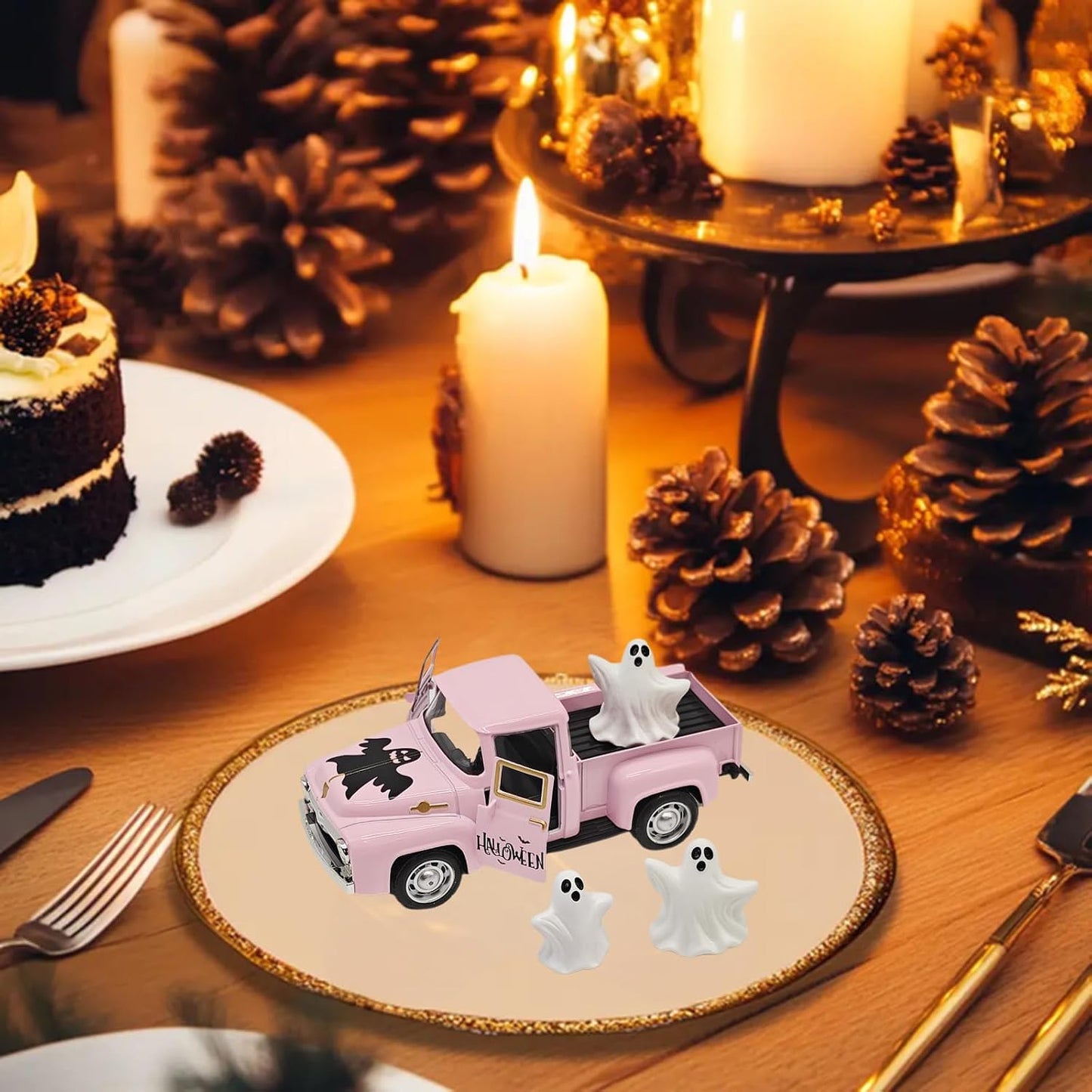 Pink Halloween Ghost Truck Decor with Spooky Cute Ghost Figurines