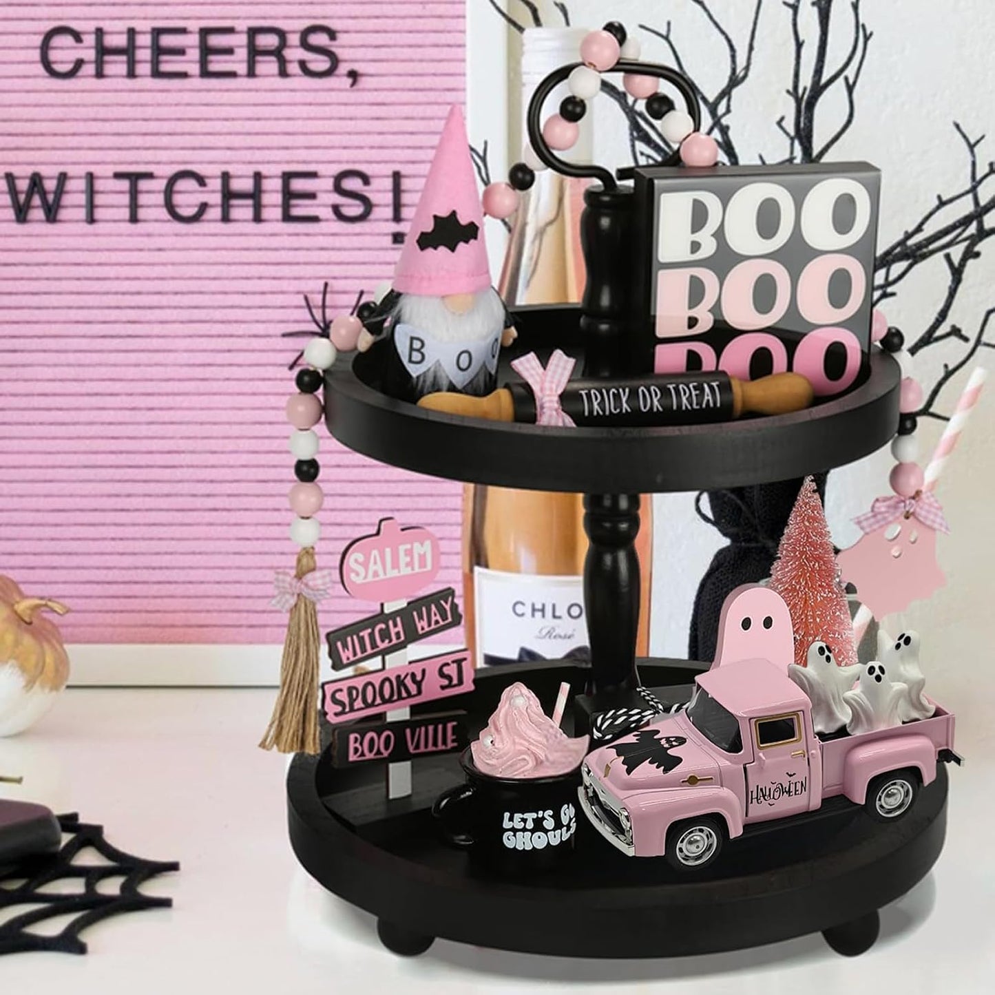 Pink Halloween Ghost Truck Decor with Spooky Cute Ghost Figurines