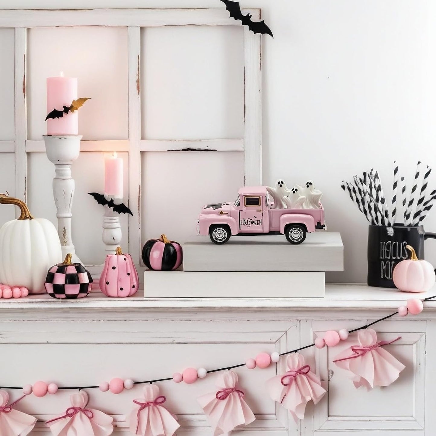 Pink Halloween Ghost Truck Decor with Spooky Cute Ghost Figurines