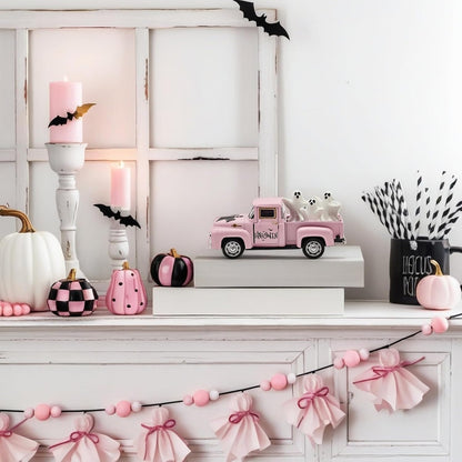 Pink Halloween Ghost Truck Decor with Spooky Cute Ghost Figurines
