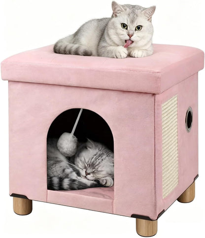 Cat House for Indoor Cats,Cat Bed Cave for Kitten with Scratch Board & Ball,14.5X 12.5X 14.1 inches, Pink