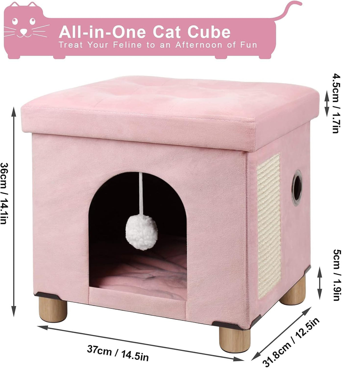 Cat House for Indoor Cats,Cat Bed Cave for Kitten with Scratch Board & Ball,14.5X 12.5X 14.1 inches, Pink