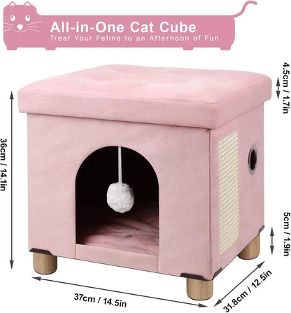 Cat House for Indoor Cats,Cat Bed Cave for Kitten with Scratch Board & Ball,14.5X 12.5X 14.1 inches, Pink
