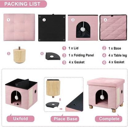 Cat House for Indoor Cats,Cat Bed Cave for Kitten with Scratch Board & Ball,14.5X 12.5X 14.1 inches, Pink