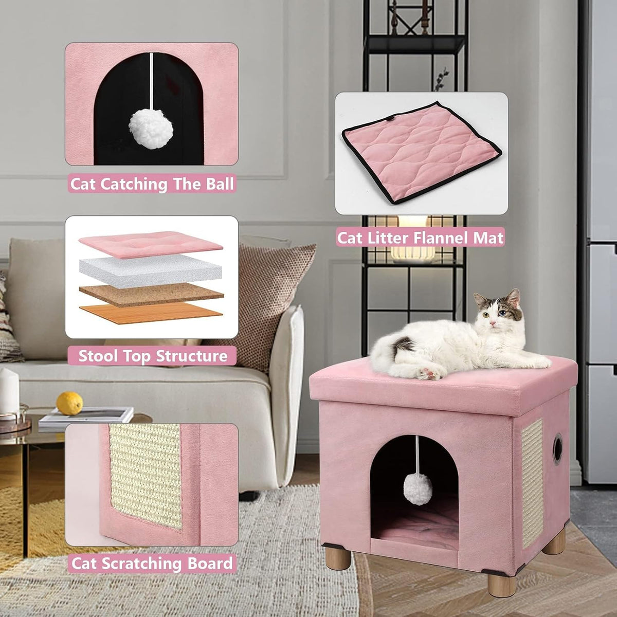 Cat House for Indoor Cats,Cat Bed Cave for Kitten with Scratch Board & Ball,14.5X 12.5X 14.1 inches, Pink