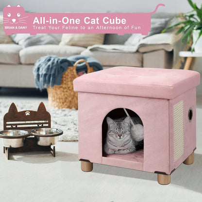 Cat House for Indoor Cats,Cat Bed Cave for Kitten with Scratch Board & Ball,14.5X 12.5X 14.1 inches, Pink