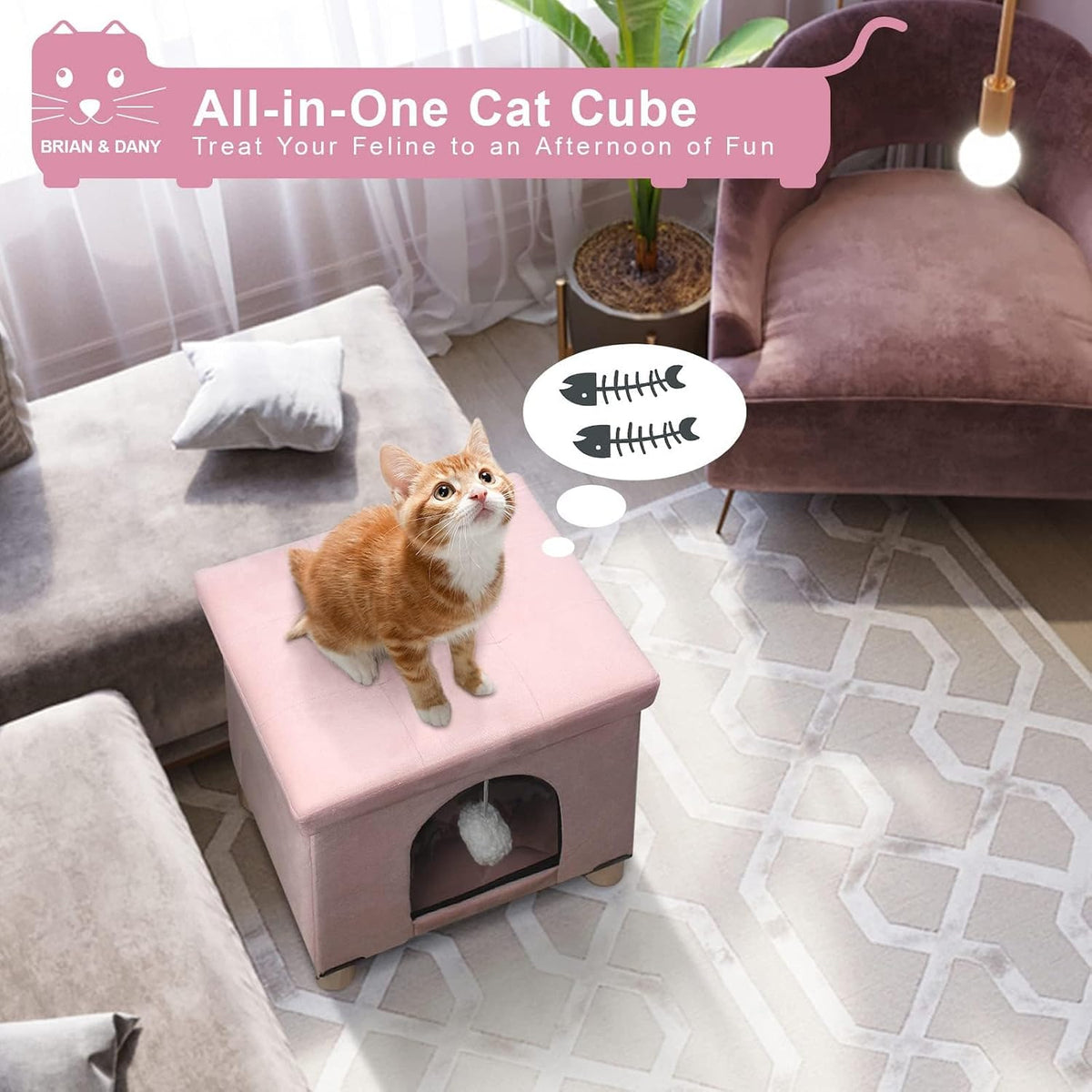 Cat House for Indoor Cats,Cat Bed Cave for Kitten with Scratch Board & Ball,14.5X 12.5X 14.1 inches, Pink