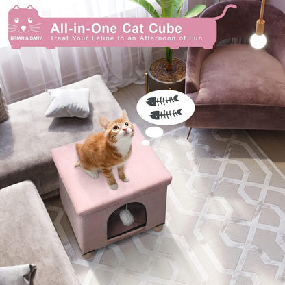 Cat House for Indoor Cats,Cat Bed Cave for Kitten with Scratch Board & Ball,14.5X 12.5X 14.1 inches, Pink