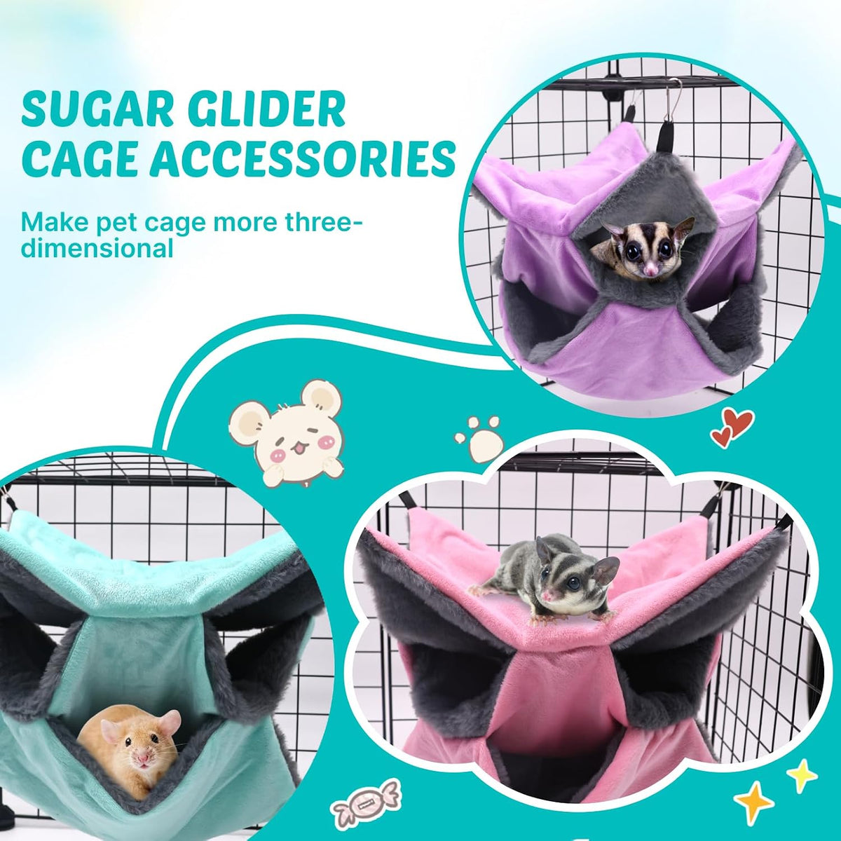 Sugar Glider Pouch Hammock Bed Bedding, Sugar Glider Cage Accessories Toys for Rat, 3-Layer Hammock Make Pet Cages More Three-Dimensional (4.Pink)