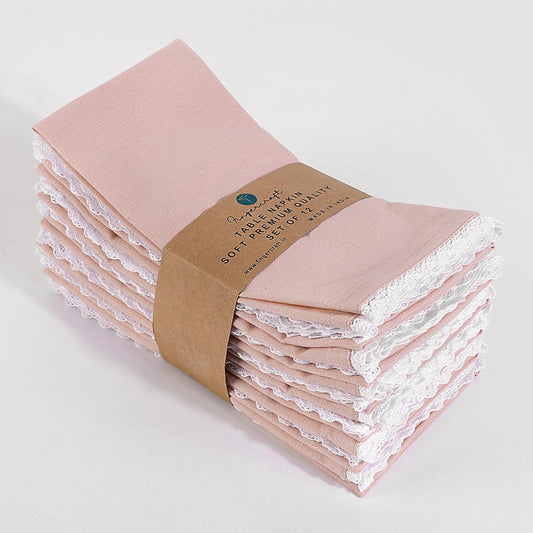 FINGERCRAFT Dinner Cloth Napkin Cotton Linen Blend 4 Pack Mitered Corners with Elegant Lace for Everyday Use Napkins are Pre Shrunk and Good Absorbency Pink Easter Color